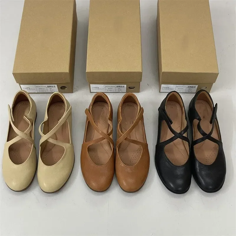 Original single leather low heel shoes women 2024 new first layer cowhide round head comfortable commuter flat shoes