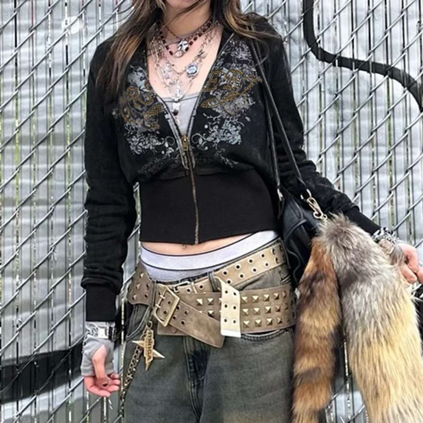 

New vintage printed hooded sweater coat in autumn Y2K Spice Girl Dark Department waist slimming zipper top woman