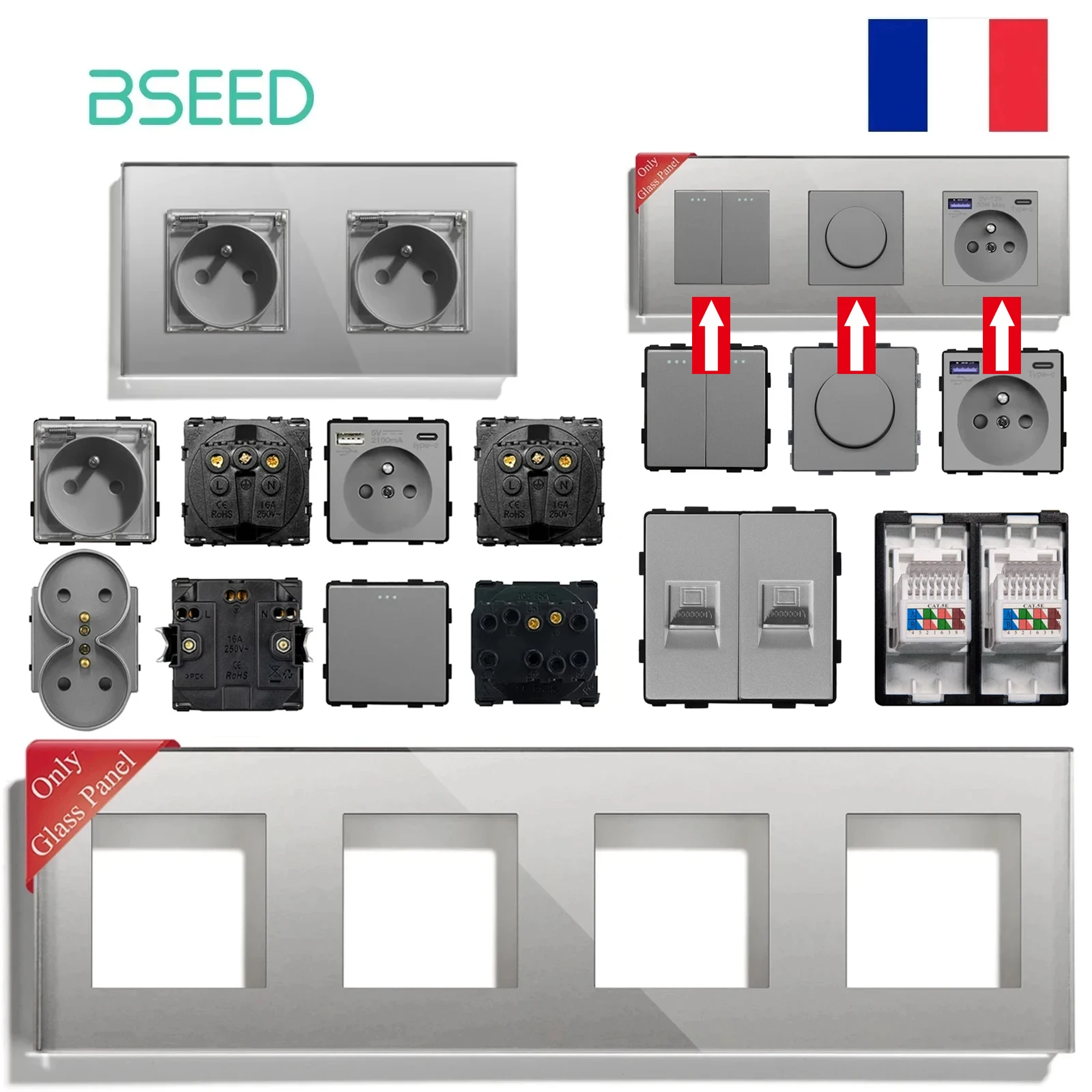 BSEED French Standard Wall Sockets Part Light Switches Module Dimmer Base USB Type-c Phone Charge DIY Function PIR Sensor Switch