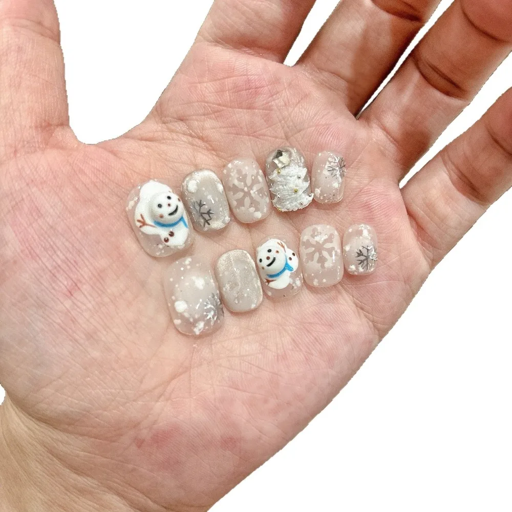 10 Pieces Winter Theme Cold Vibes Handmade Press On Nails Cute Snowman Snowflake White Christmas Tree Art Fake Nails