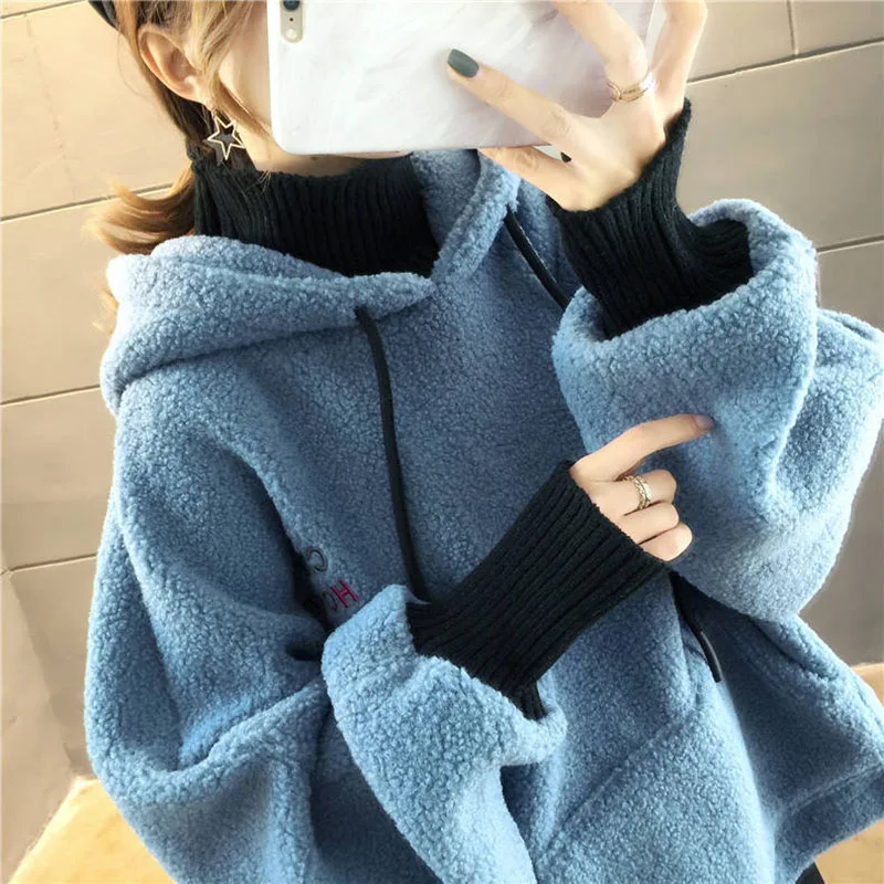 Faux Lamb Sweatshirt Women Loose Fake Two Piece Fashion Hoodies Fluffy Big Pocket Letter Long Sleeve Winter Female Tops