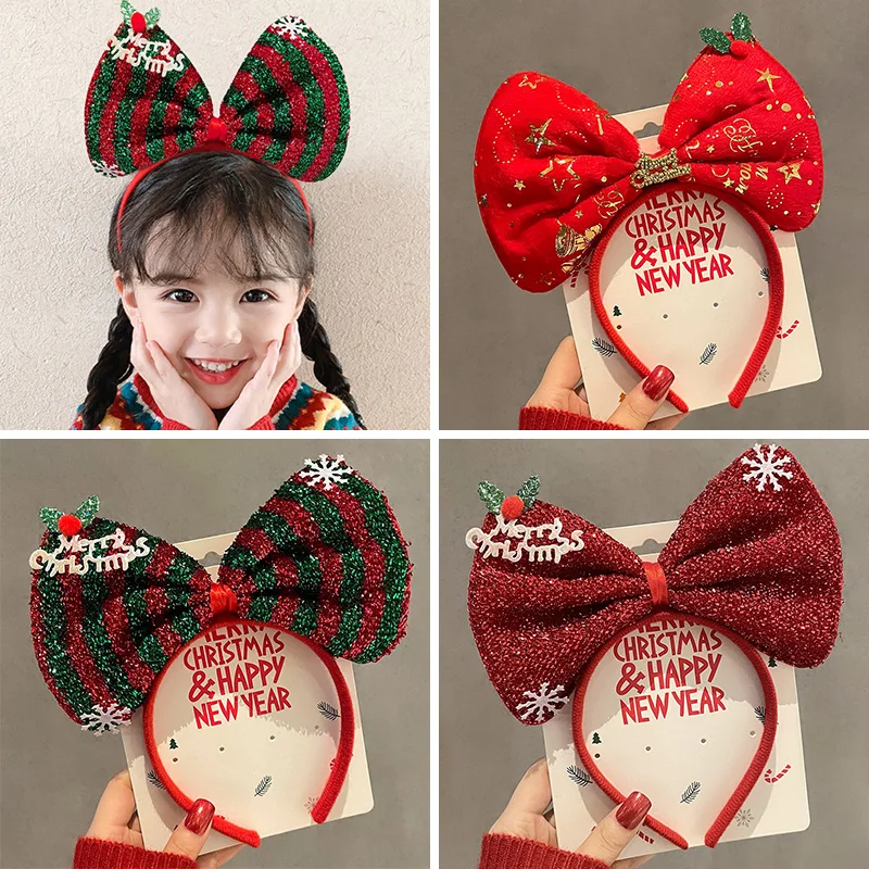 Merry Christmas Hair Hoops for Children Girl Red Bow Hairbands Xmas Dress Up Headwear New Year Photo Props Kids Hair Accessories