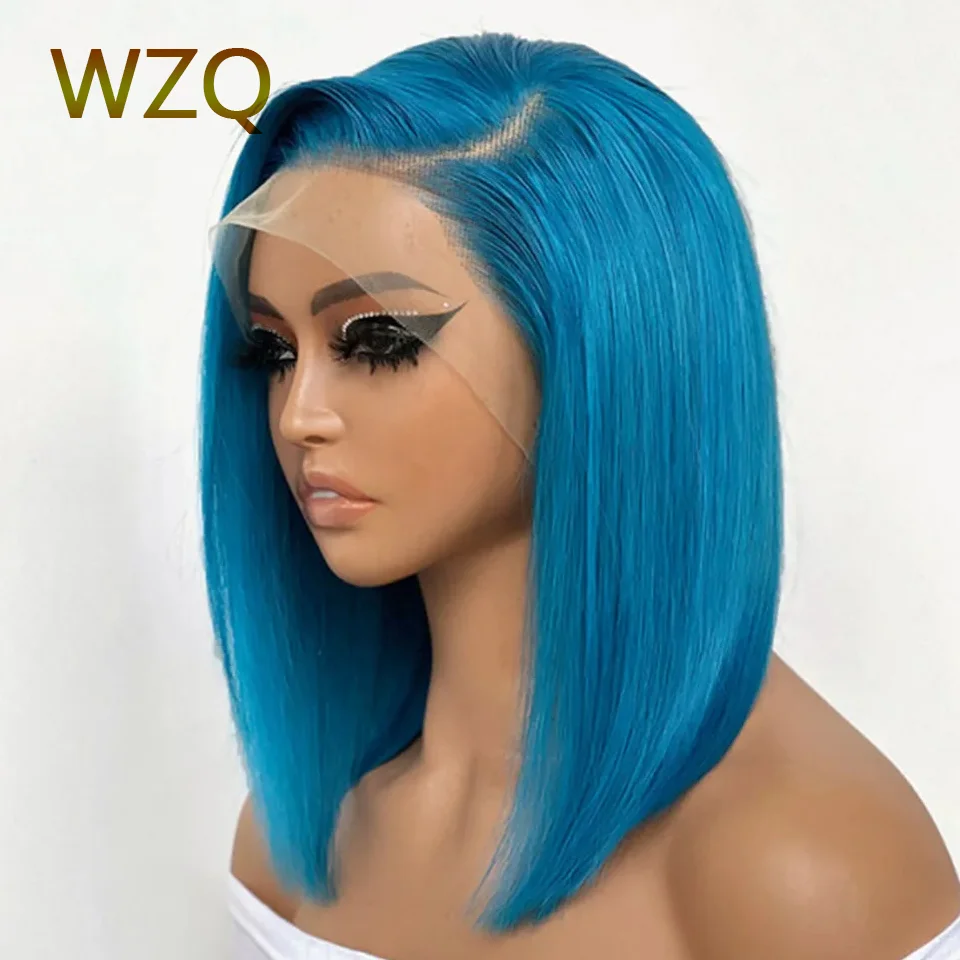 Perucas de cabelo humano azul Bob, peruca dianteira do laço HD curto reto, cabelo remy pré arrancado, transparente, 180% densidade, 13x4 laço frontal perucas