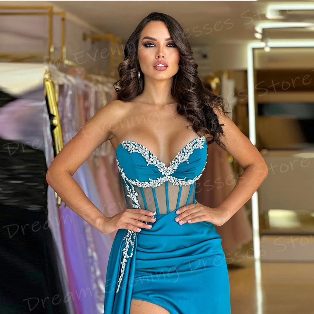 Graceful Blue Mermaid Sexy Women's Evening Dresses Classic Strapless Sleeveless Beaded Prom Gowns High Split Vestido De Noche