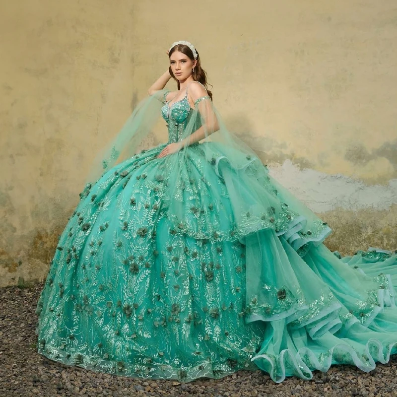 

Mint Green Shiny Quinceanera Dresses Spaghetti Strap Sequin Applique Lace Beads Tull Vestidos De 15 Anos Princess Sweet 16