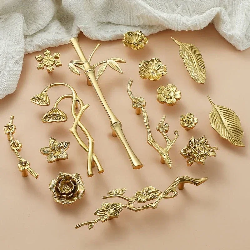 Solid Brass Bamboo Feather Handles Gold Furniture Door Handle Drawer Knobs for Kitchen Shoe Cabinet Door Cupboard Wardrobe Pulls