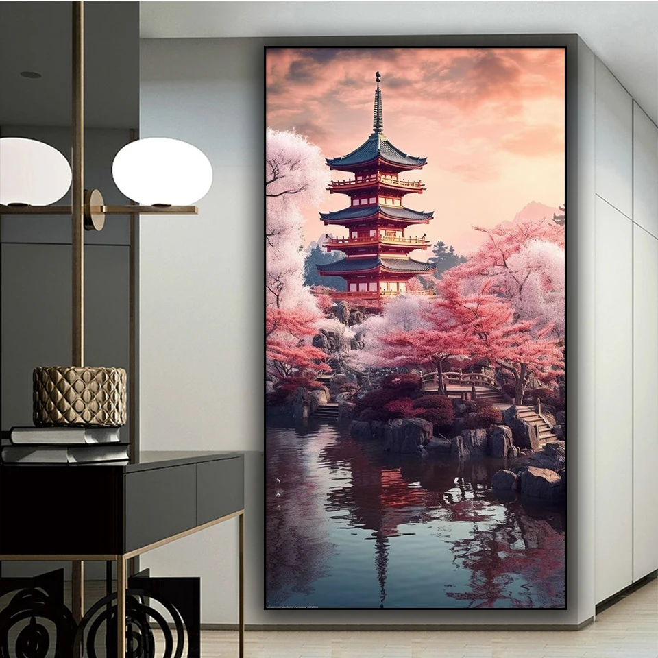 Sakura Temple Japanese DIY Diamond Painting New 2024 Full Square Round Diamond Mosaic landscape Rhinestone Pictures Home Decor