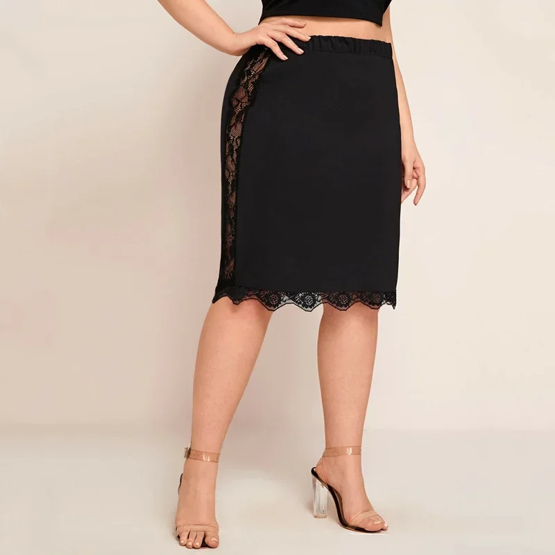 Plus Size Elastic Waist Sexy Summer Elegant Bodycon Skirt Women Lace Trim Black Business Casual Midi Skirt Work Office Skirt 6XL