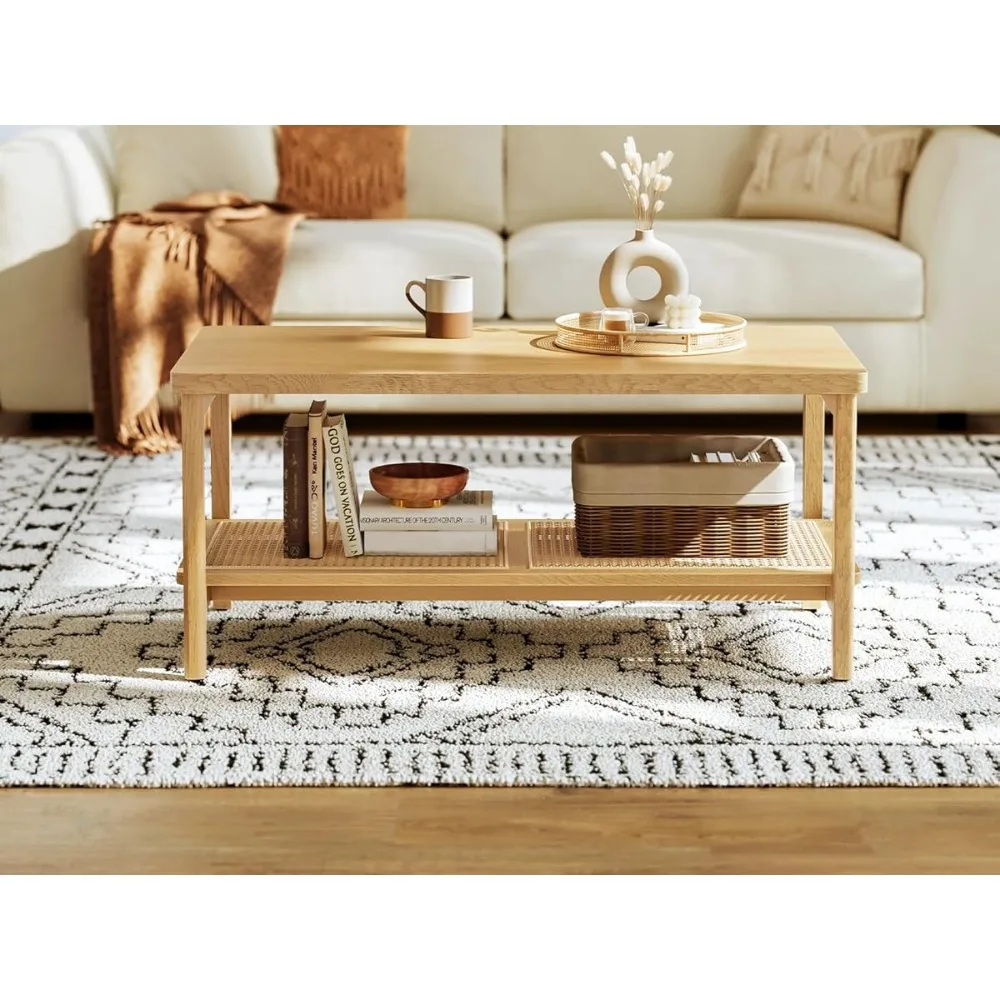 

2nd floor living room coffee table, living room table rectangular center table with PVC rattan storage rack for easy assembly