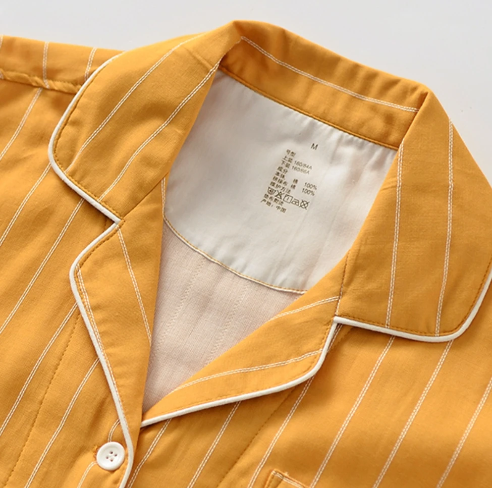 New Japanese Double Yarn Home Wear Sets Men's Long Sleeved Cotton Pajamas Set Cardigan Front Button Women's Stripe Sleepwear