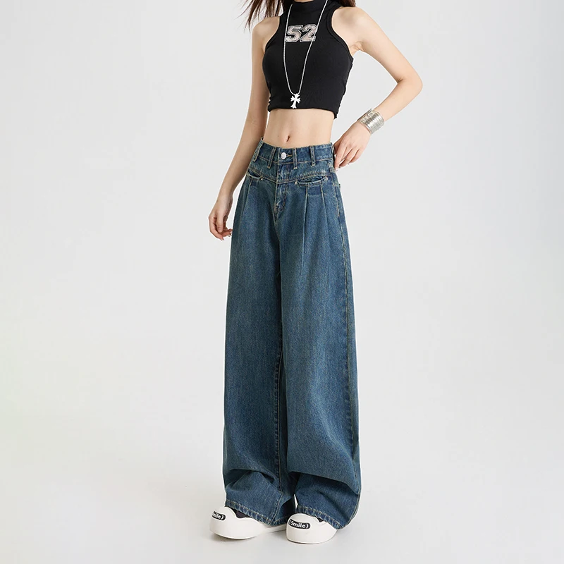 KSTUN 2025 Woman Jeans High Waist Wide Leg Denim Pants Straight Pants Fashion Comfort Front Pleated Vintage Pockets Designer