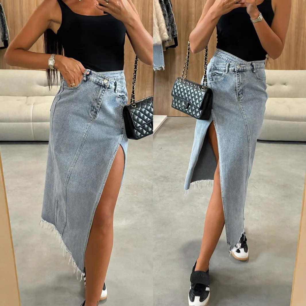 European and American Elastic, Women's Slanted Waist, Split Fork, Rough Edge, Cross, Asymmetrical Splicing, Denim Skirt