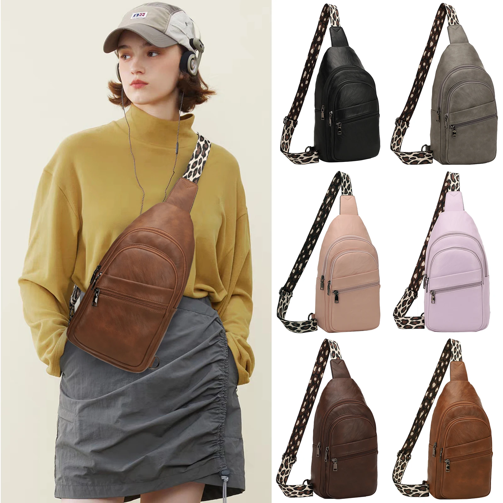 Bags for Women Men Chest Pack Female Sling Bags Crossbody Waterproof Shoulder Chest Bag Casual PU Leather Messenger Bag