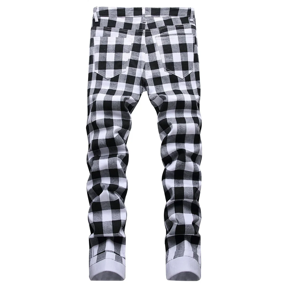 Men\'s Black and White Plaid Printed Jeans Fashion Check Digital Print Slim Straight Pants Stretch Trousers