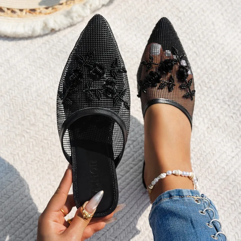 Autumn Mesh Flat Bottom Baotou Half-drag Embroidered Flowers Breathable Outside Lazy Sandals