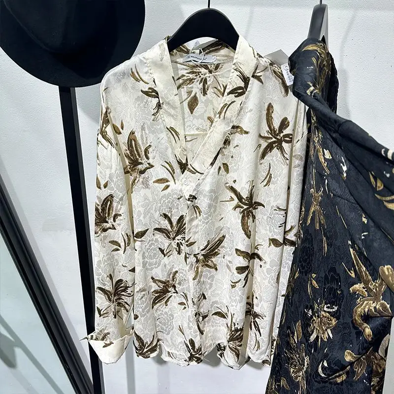 Autumn Fashionable Old Money Style Printed Slant Collar Loose Long Sleeve Shirt High-Grade Casual Retro Non-Ironing Fashion