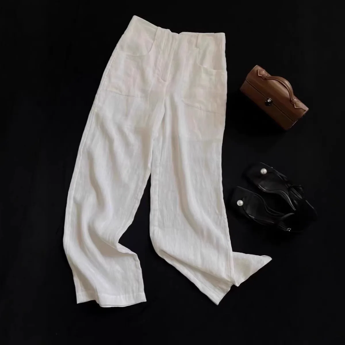 High Waist Banana Knife Long Pants Linen Material Slimming White Summer Fashionable Casual Trousers for Women Commute Style