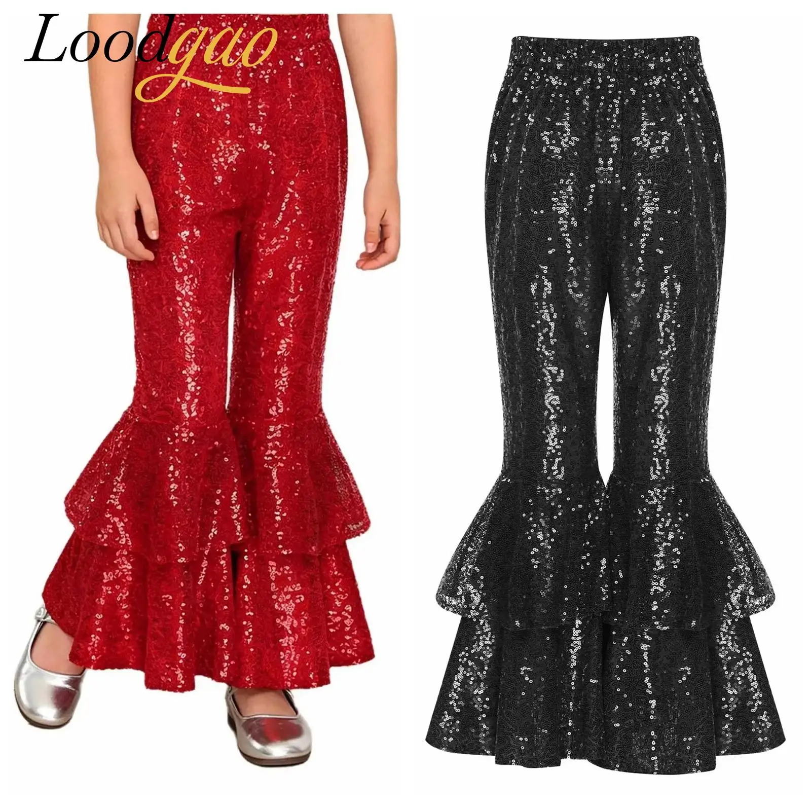 

Kids Jazz Dance Party Costume Girls Sequins Flared Pants Elastic Waistband Shiny Trousers Flares for Hip Hop Street Dancewear