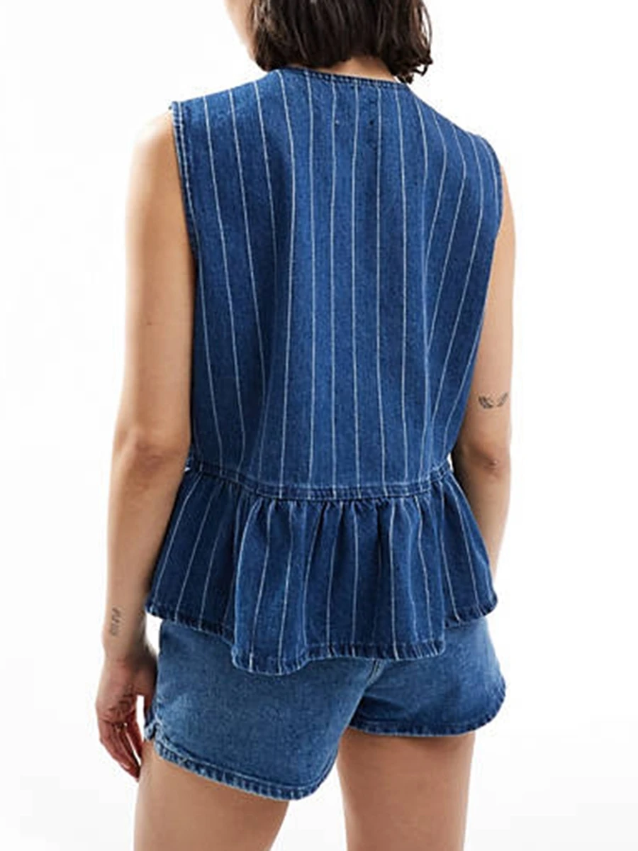 Meihuida New Women's Summer Y2k Punk Style Stripe Denim Vest Sleeveless Round Neck Tie Front Peplum Tank Tops