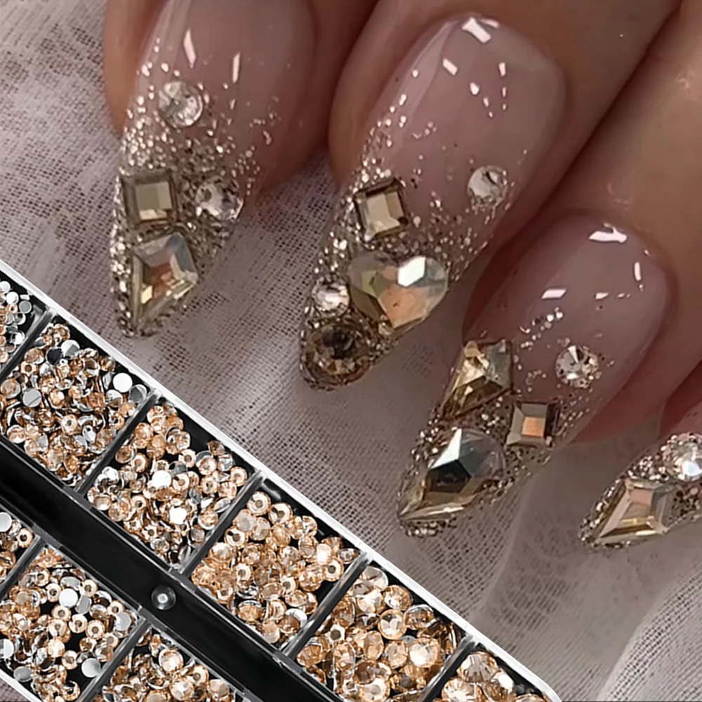 12Grids Multi-Size Champagne Golden Round Bead Nail Crystal SS6-SS30 Flatback Pearl Nail Diamond Y2K Luxury Bead Nail Jewelry