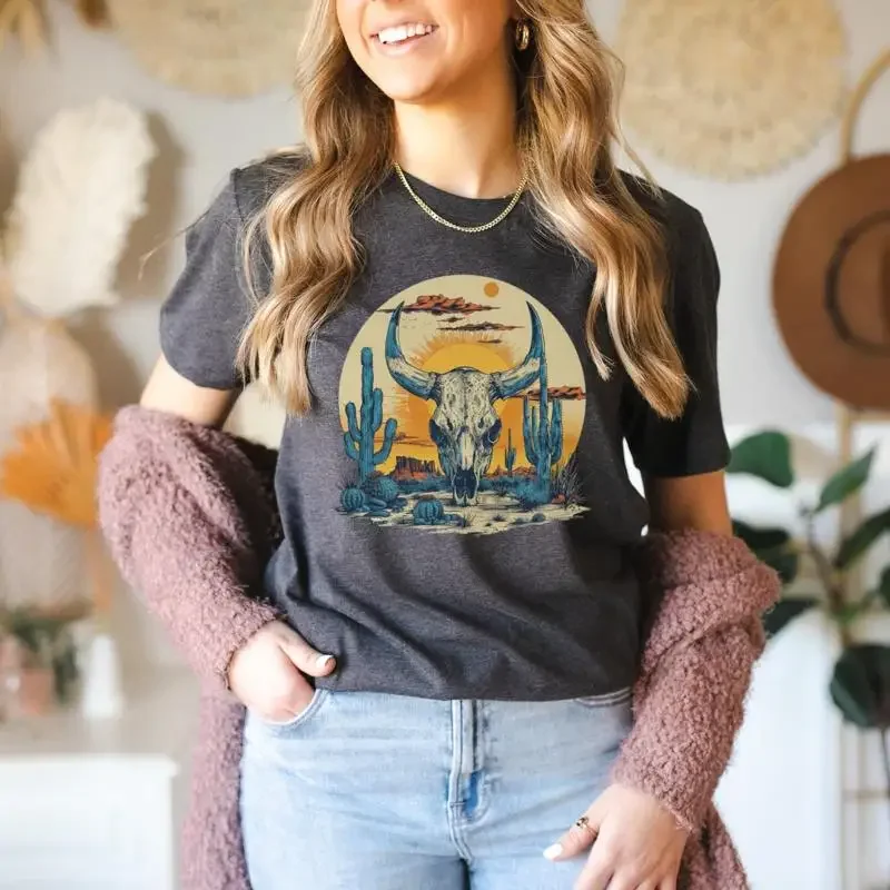 Western Wear Boho Cow Skull T Shirt Country DeserT Apparel AI