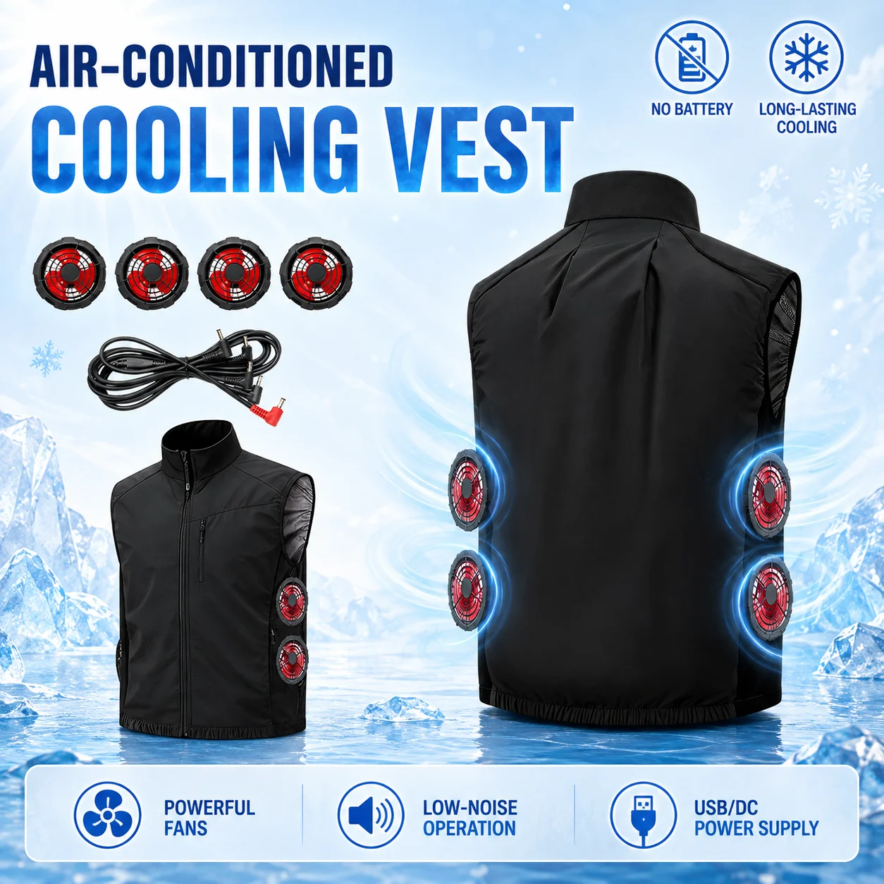 Men's 4-Fan Side Cooling Vest Low-Noise Breathable Summer Workwear for Fishing Hiking Construction Battery Not Included