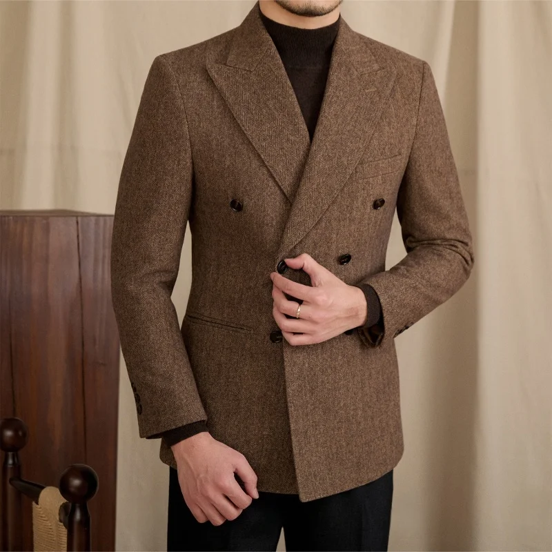 

Мужской двубортный пиджак из смеси шерсти приталенного кроя с узором «елочка», повседневный костюм в стиле ретро, мужское пальто для свадебного банкета