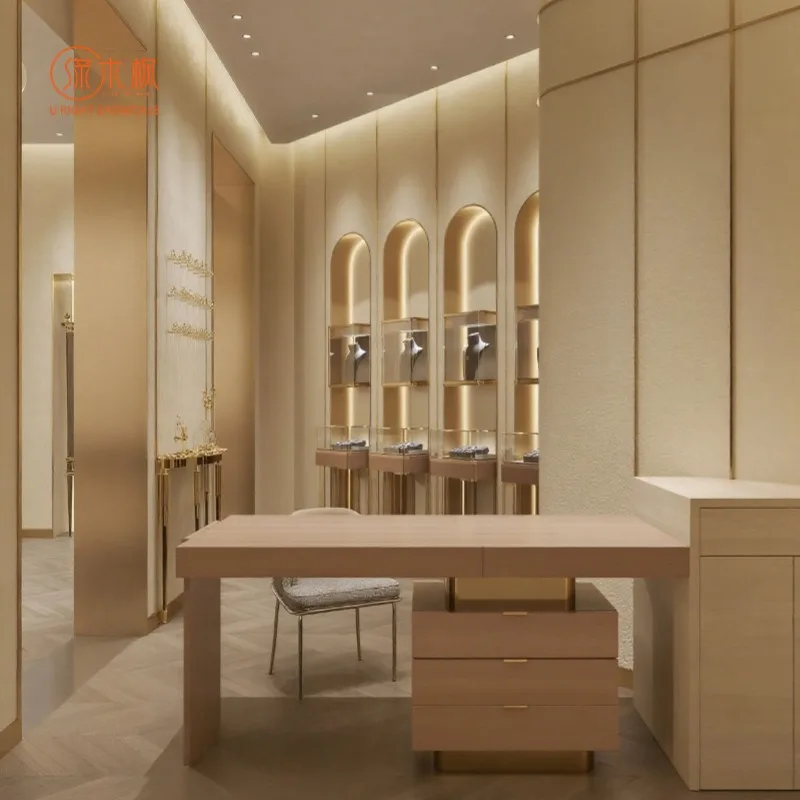 Custom.Customizable High-End Jewelry Showcase: Luxury Glass with Brushed Metal Trim, Ideal for Luxury Jewelry Stores