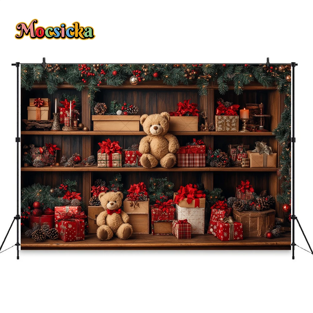 Christmas Gift Room Background Photography Toy Bear Bookshelf Xmas Tree Backdrop New Year's Eve Kids Baby Birthday Photo Studio