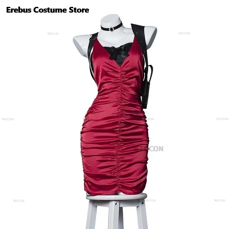 CyFemale Resident 4 Ada Wong أزياء تنكرية فستان شيونغسام الشر أحمر Ada شعر مستعار أحذية الهالوين كرنفال بدلة تنكرية للنساء والفتيات