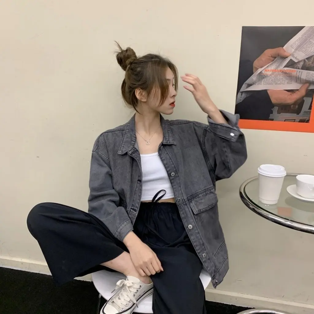 

Women's Denim Jacket Korean Style Loose Fit Long-Sleeved Top Spring Autumn New Retro Harajuku All-match Student Fashion