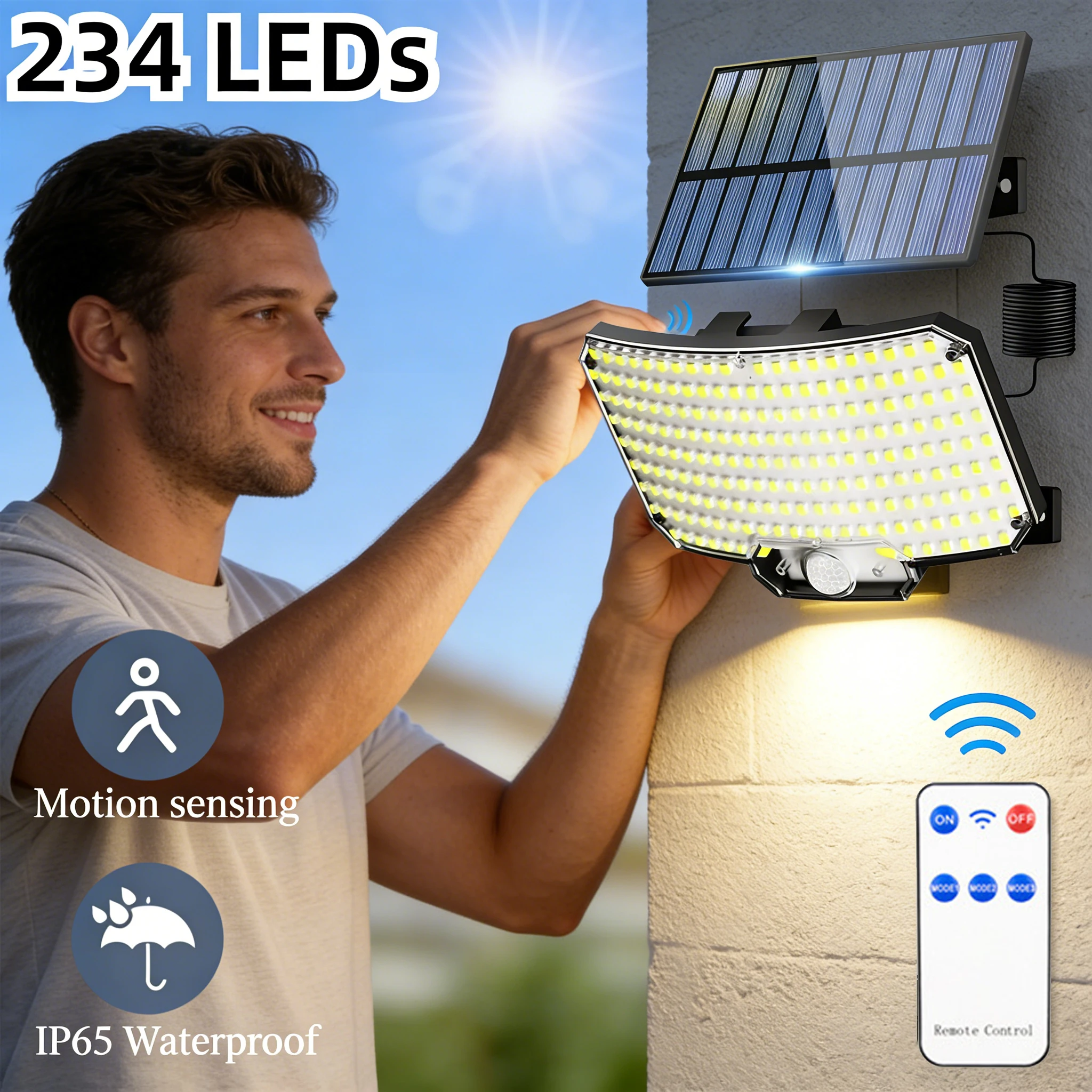 Lampes solaires d'extérieur 234 LED avec détecteur de mouvement, projecteur étanche IP65, lampe murale solaire avec télécommande, 3 modes pour jardin, cour, garage