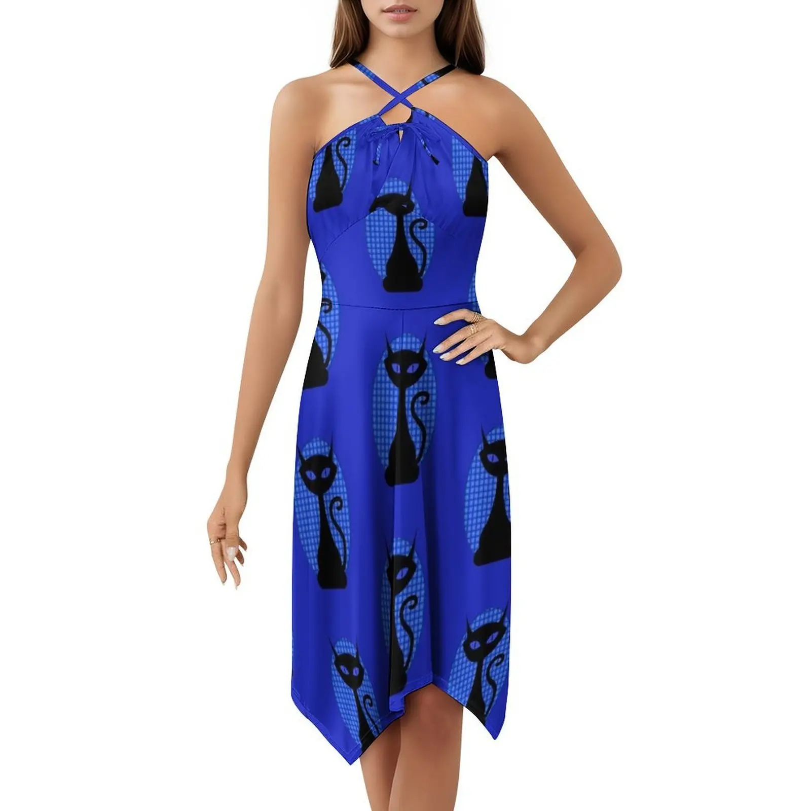 فستان قصير على شكل قطة سوداء على طراز Preppy للنساء على شكل حرف a فضفاض مناسب فستان يوم غير رسمي لطيف فكاهي ريترو صورة ظلية عتيقة للسيدات #5