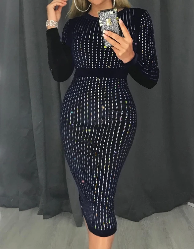 Rhinestone Rhinestone Decorative Tight Round Neck Long Sleeved Party Dress with Buttocks Wrapped and Sexy Temperament Dress