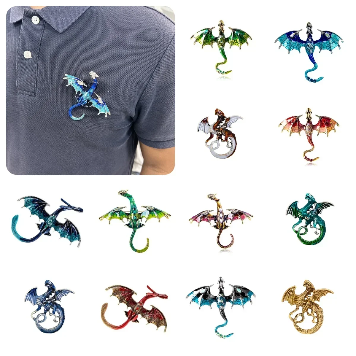 Hot Selling Fashion Cartoon Flying Dragon Inlaid with Crystal Metal Enamel Brooch Clothes Bags Badge Men's and Women's Pin Gift