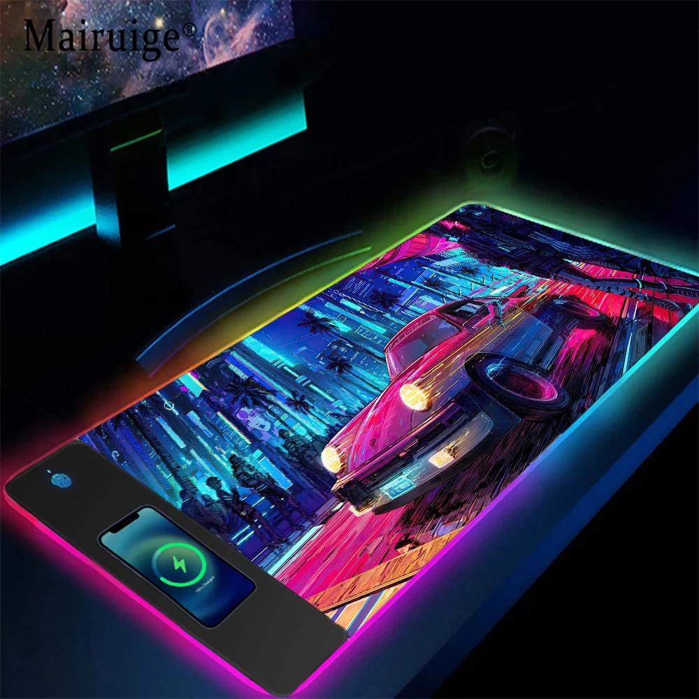 Neon Night Scenery Wireless Chargin Mouse Pad with Backlight Pc Accessories Gamer Room Decoration Desk Table Desk Pad Mat Office