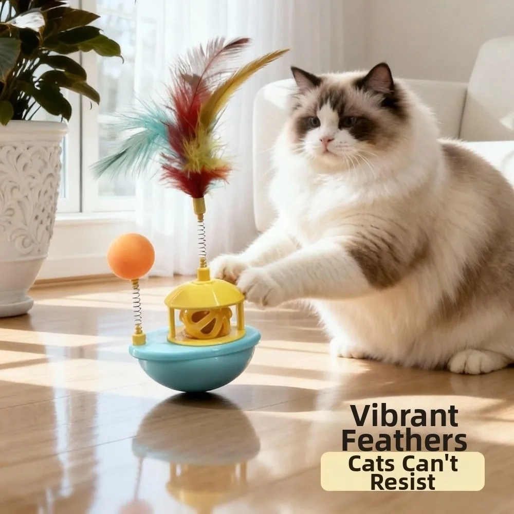 

Self-Playing Cat Interactive Rotating with Bell&Ball Teasing Cat Colorful Feather Creative Wobble Tumbler Boat Relieve Boredom