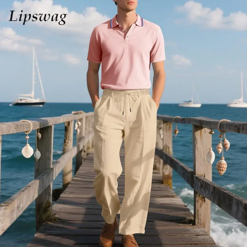 Vintage Contrast Color Mens Two Piece Sets New Casual Short Sleeve Polo Shirt And Linen Pants Men Outfits Summer Fashion Suits