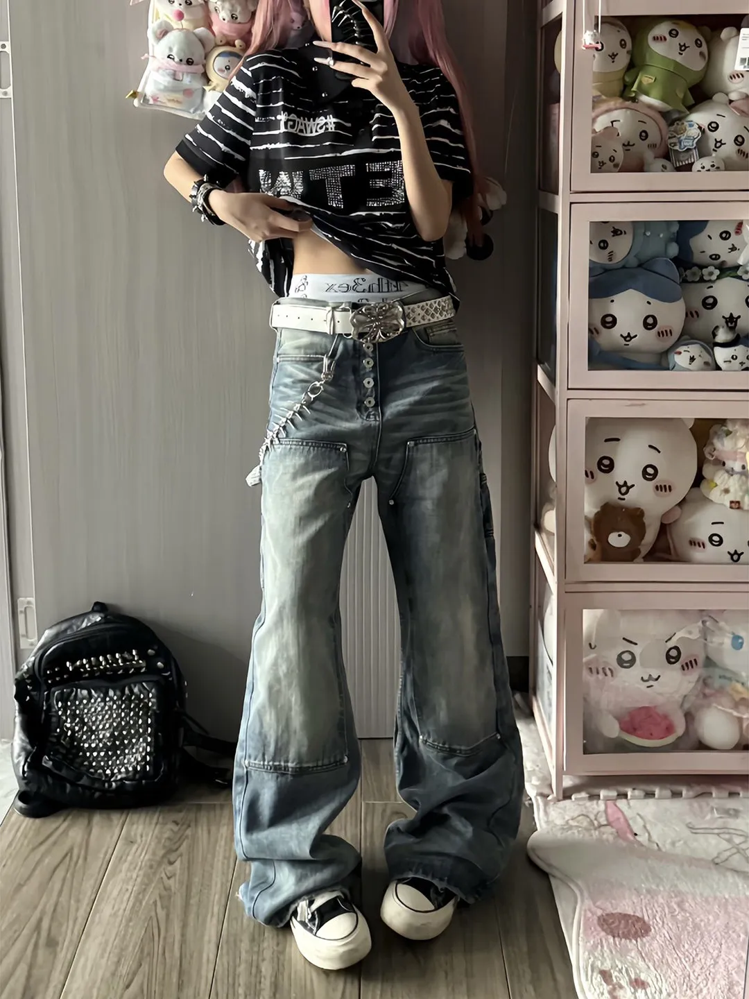 Washed American Style Men's Jeans High Street Hip Hop Chino Pants Loose Fit Long Trousers with Multiple Buttons Vintage Look