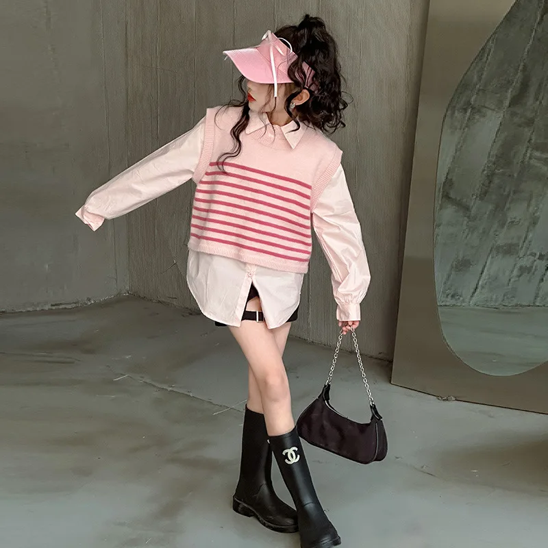 Striped Sweater Vest Shirt Two-piece Set Grils Children Autumn Fashionable Korean Loose Casual Sweet Cute Long Sleeves