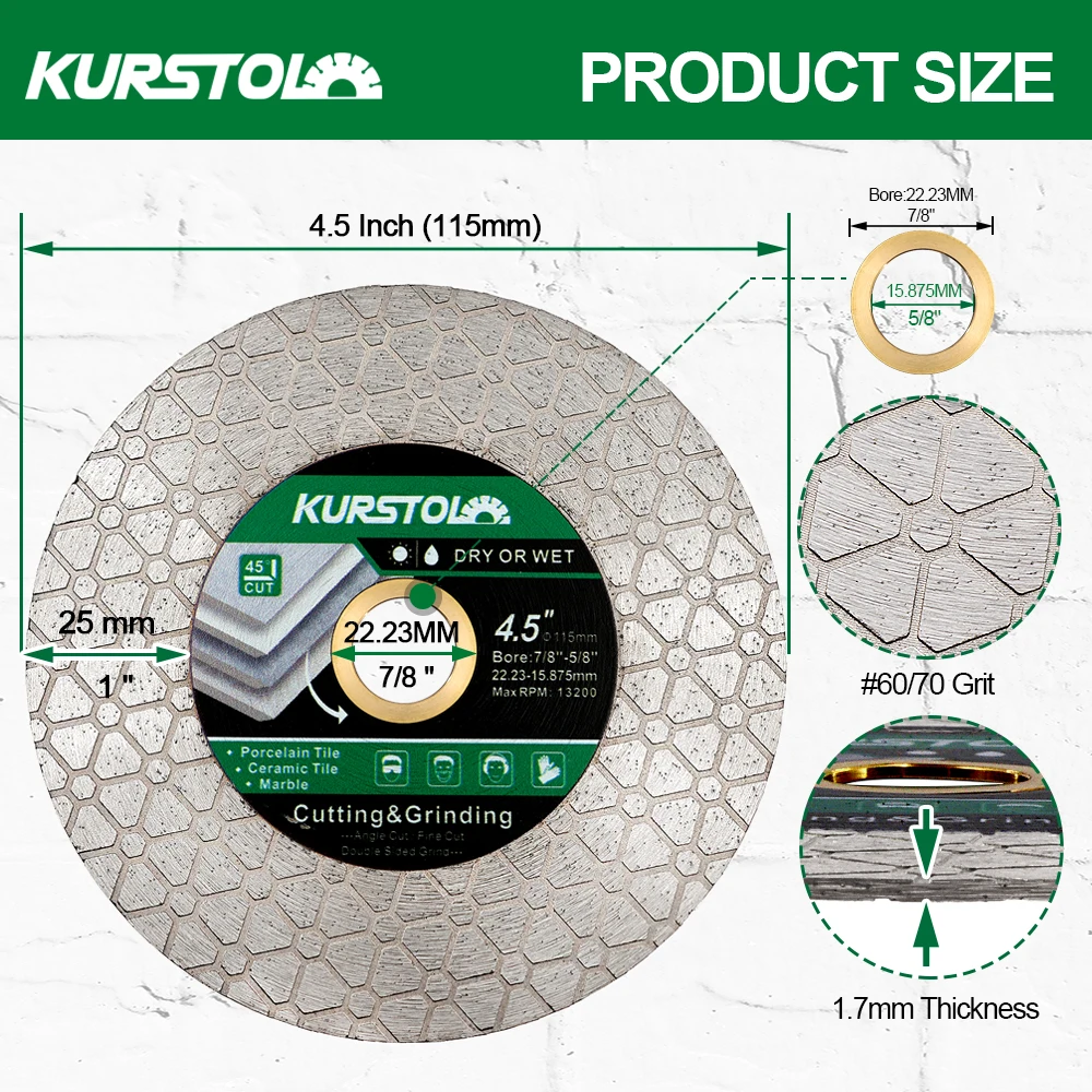 Imagem -04 - Kurstol-tile Cutting Grinding Disc Dry Grinding Disc Double-sided Triângulo Segmento Mármore do Granito Diamante Viu a Lâmina Cortar a Placa 115 mm 125 mm pc Pcs