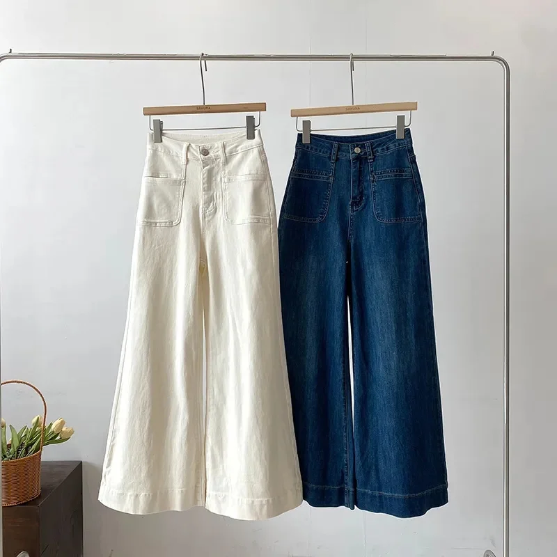 Jeans Lurus Warna Solid Fashion Wanita 2025 Celana Panjang Koboi Pinggang Tinggi Wanita Retro Celana Denim Kaki Lebar Wanita Musim Semi Musim Gugur