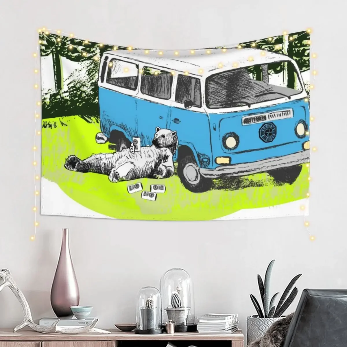 Polar bear relaxing on lost island - Dharma beer Tapestry Carpet Wall Room Decorator Tapestry