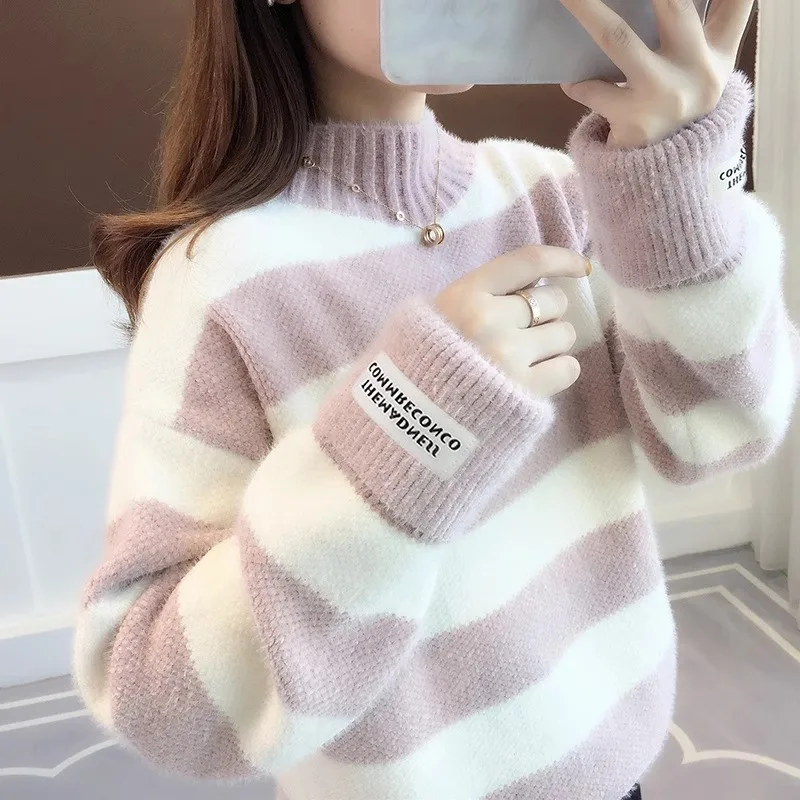Thickened Fleece Women's Knitted Sweater Loose Half High Collar Autumn Winter Lazy Style Top Warmth Heating Long Sleeve Stripe