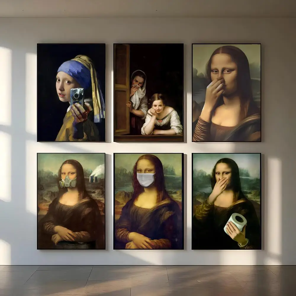 Funny Mona Lisa Wearing Pearls Girl Meme Poster For Living Room,bedroom,bar,Hallway Bar Wall Art Prints Decoration Gifts