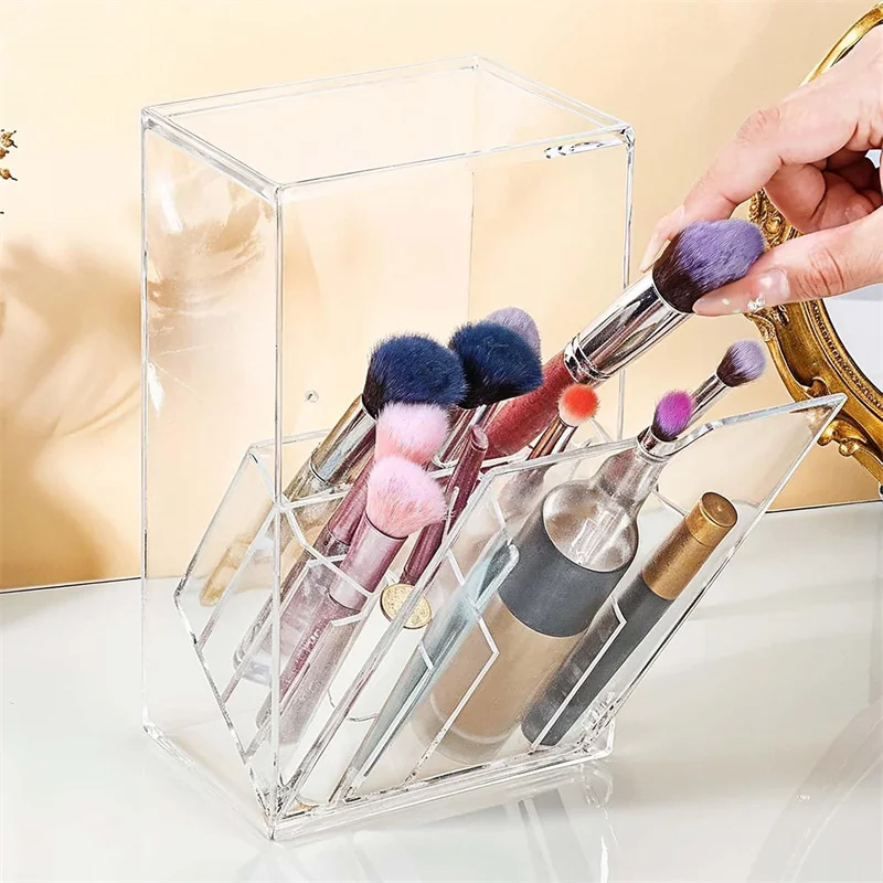 Make-upborstelhouder Organizer met deksel 17-slots acryl stofdichte make-upborstel opbergdoos schuine open cosmetische borstelcontainer