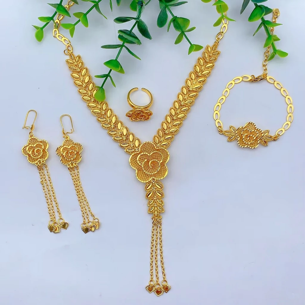 Nigerianisches 24K Goldfarbenes Brautschmuckset für Frauen, äthiopisches Dubai-Blumen-Halsketten-, Armband-, Ohrring- und Ringset, Partygeschenk – Detail 2