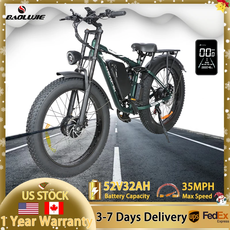 

BAOLUJIE Peak 3000W Dual Motors Ebike для взрослых 35MPH 52V 32AH Аккумулятор 26 "x4" Fat Tire Вездеходные гидравлические дисковые тормоза