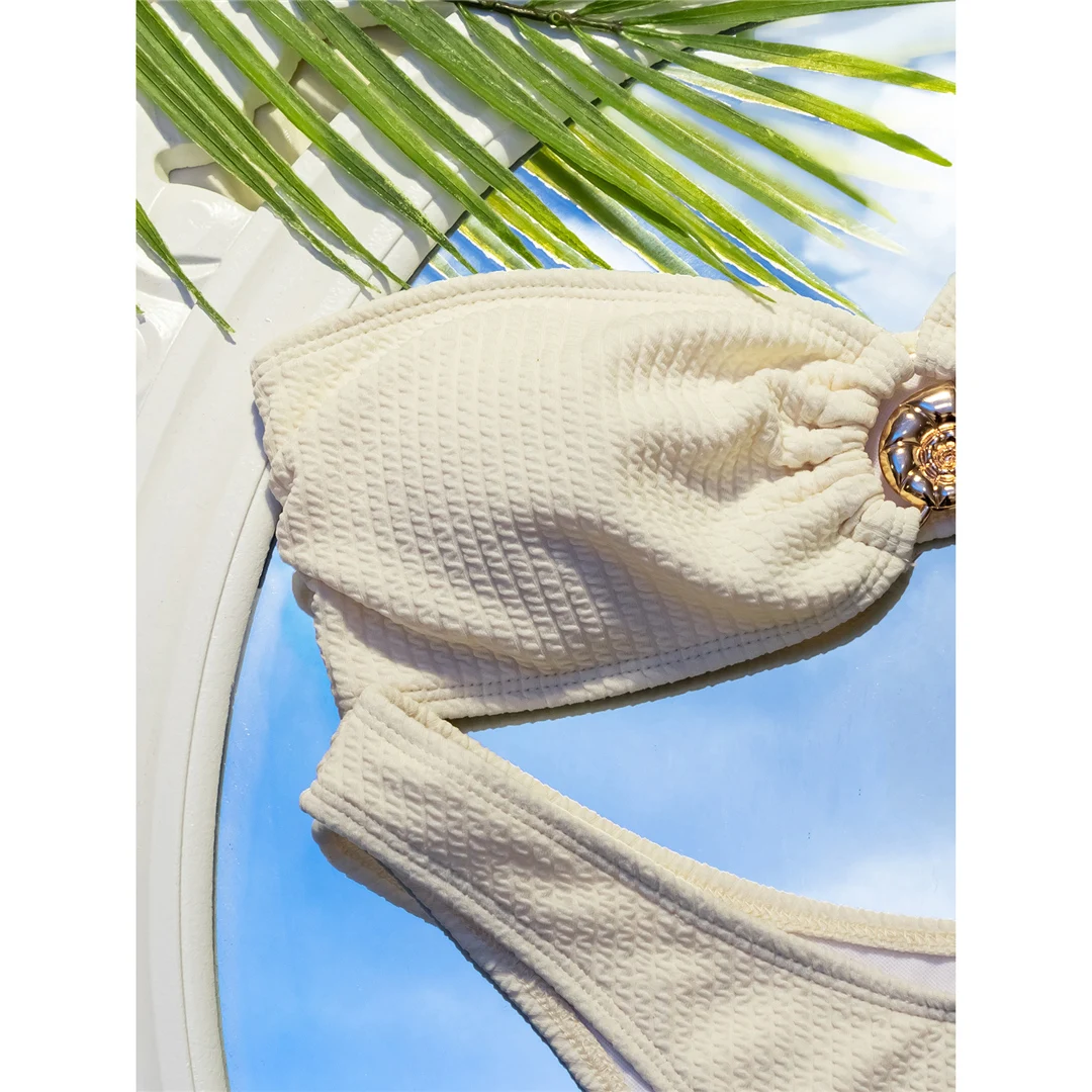 Gefalteter, geknitterter Bandeau-Brazilian-Bikini, Damen-Badeanzug, zweiteiliges Bikini-Set, Badebekleidung, Badeanzug, Schwimmbekleidung V6394 – Detail 9