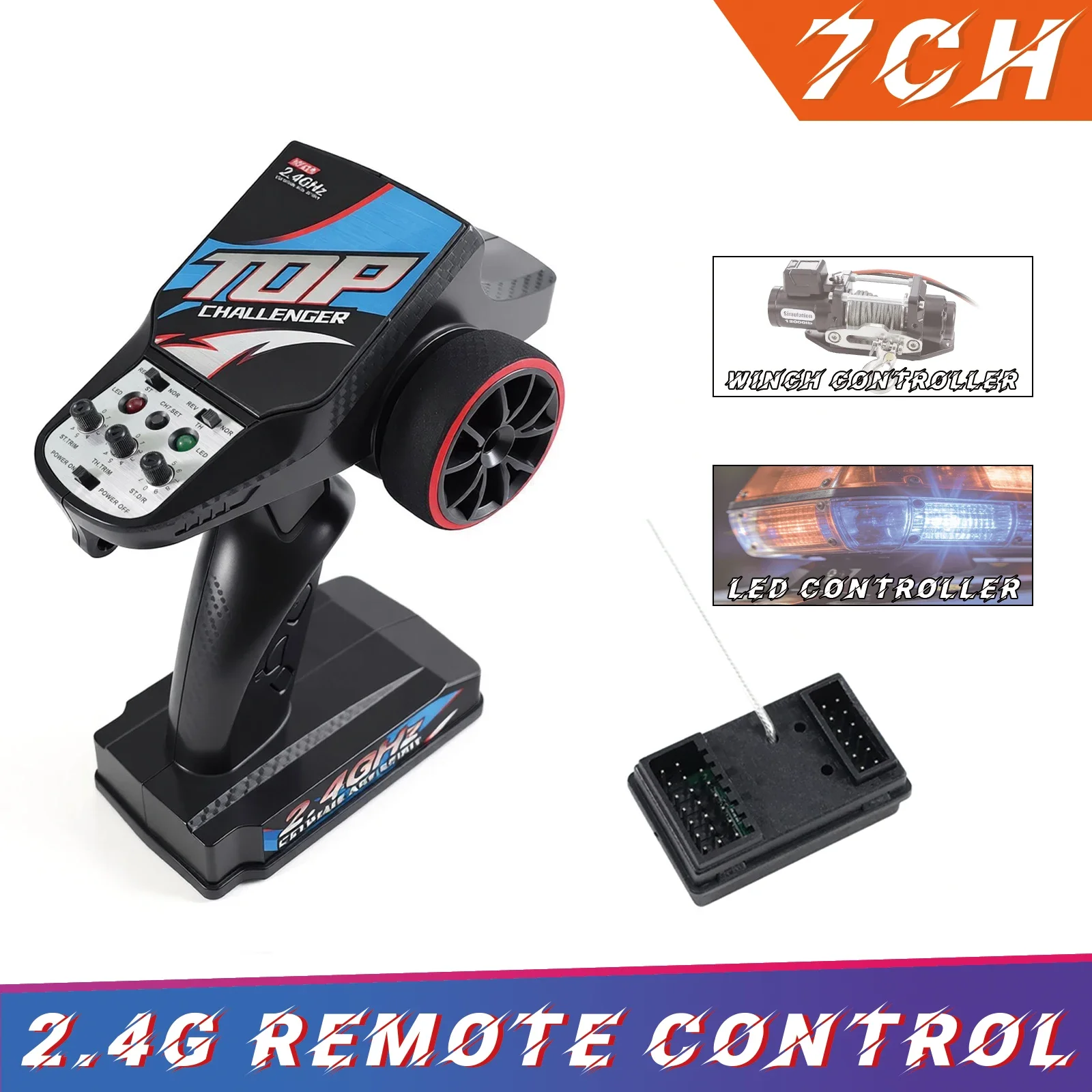 2.4GHz 7CH Radio System Transmitter Receiver Remote Controller with LED Light Winch Channel Upgrade Accessories for RC Car Boat